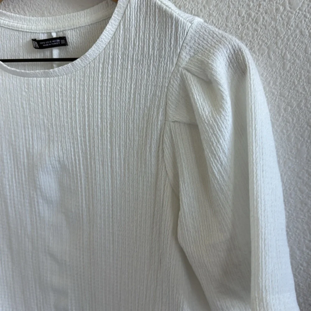 Zara Semi-Sheer White Textured Puff Sleeve Blouse Small